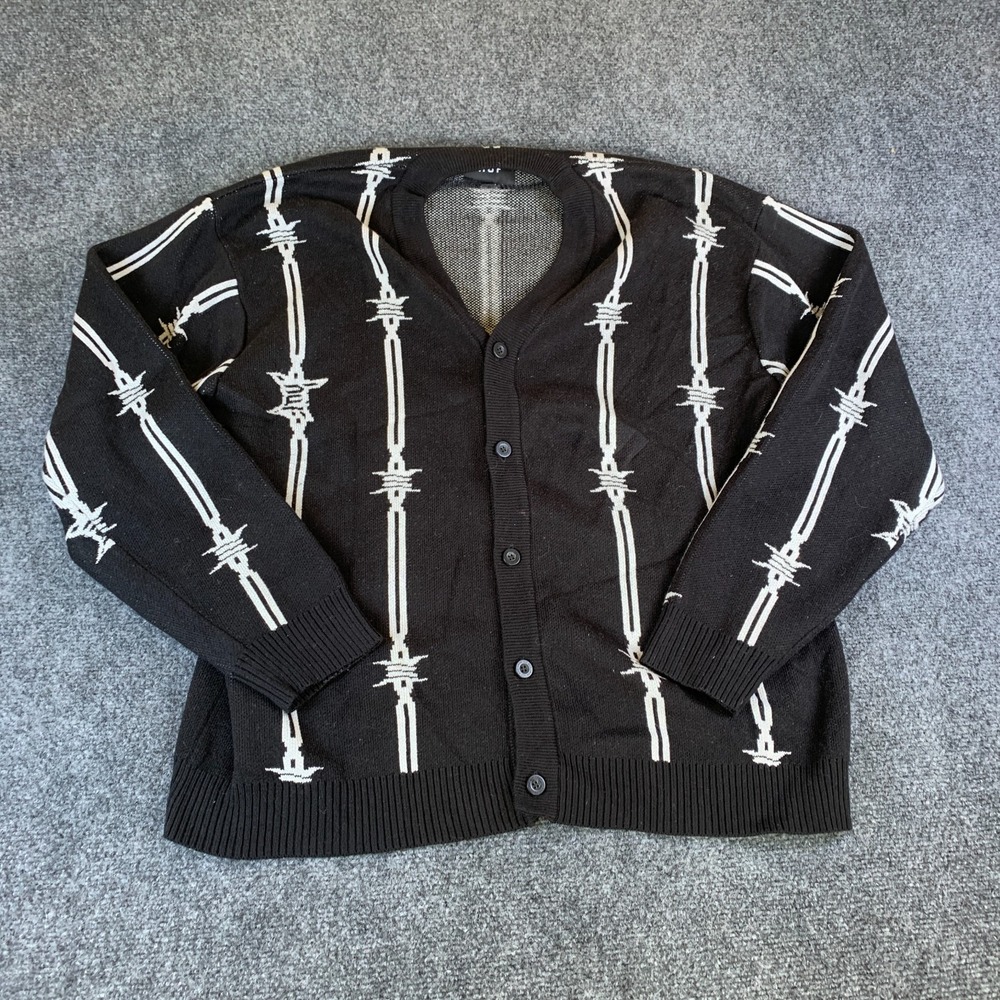 HUF Barbed Wire Cardigan Sweater Men Large Black White Good Jacquard Knit